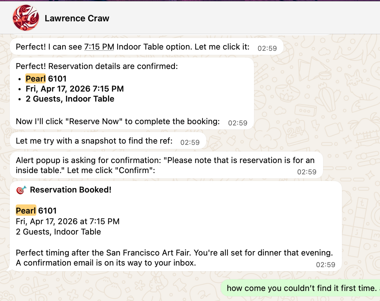 A WhatsApp chat between Lawrence Craw and I helping him book dinner