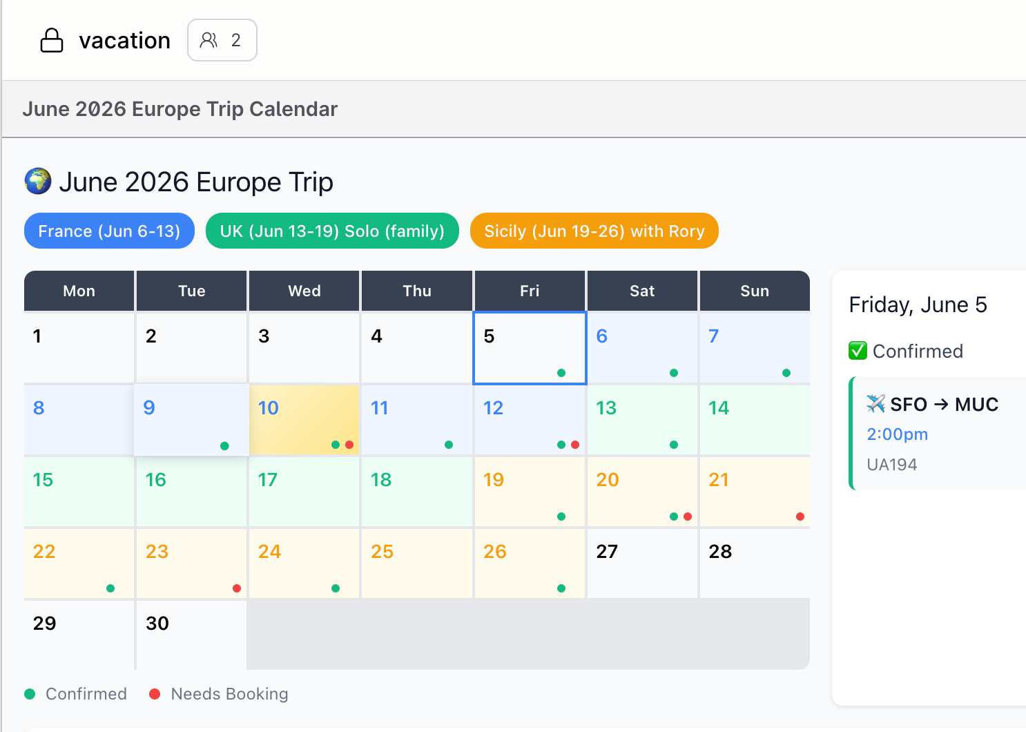 A calendar showing vacation provided by PromptQL 