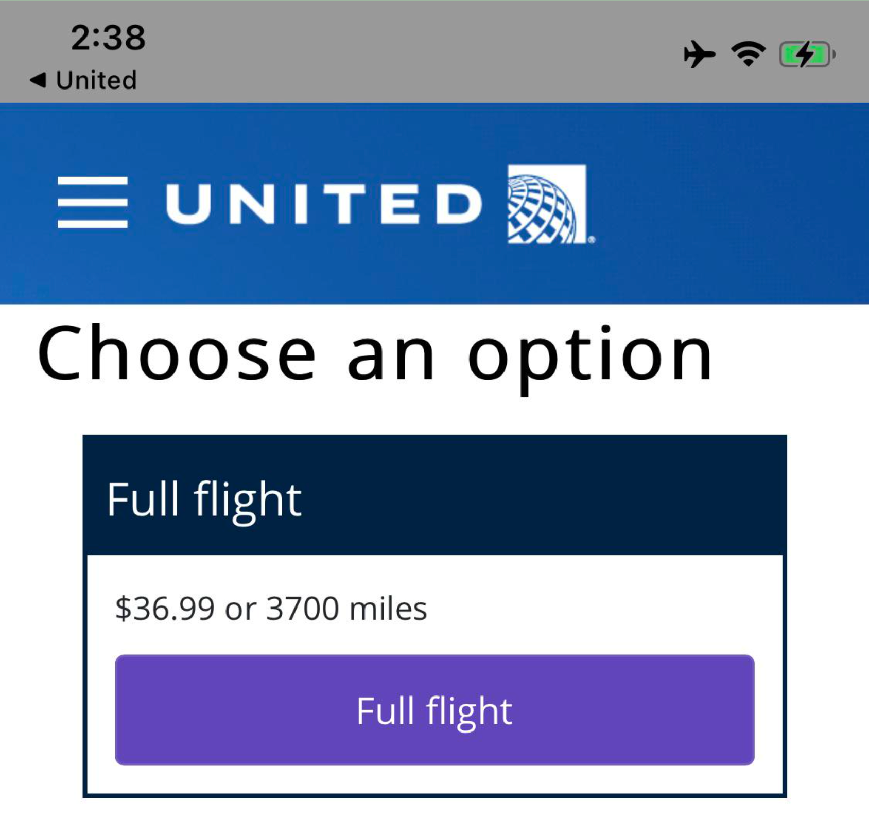United Wi-Fi screenshot showing $36.99 for a full flight of Wi-Fi